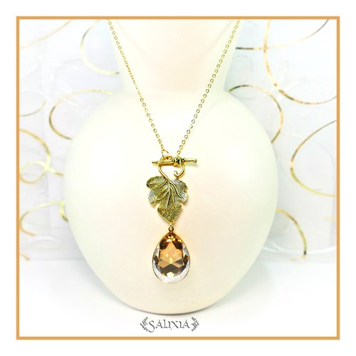 Pièce unique - collier esprit de la vigne pendentif goutte en cristal ambre clair chaine acier inoxydable doré (#c193)