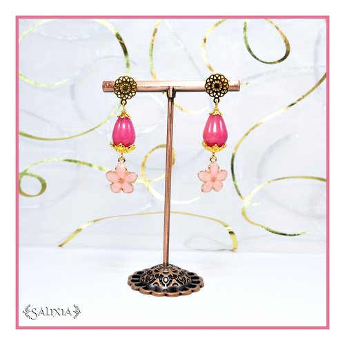 Boucles d'oreilles fleurs émaillées rose poudré nacré gouttes de jade rose puces ou crochets acier inoxydable doré (#bo561)