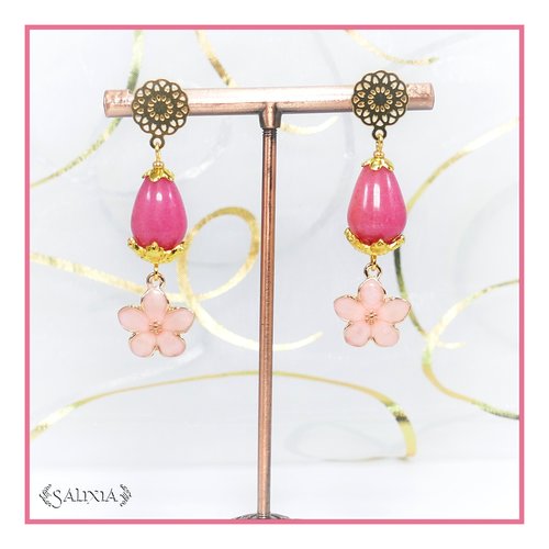 Boucles d'oreilles fleurs émaillées rose poudré nacré gouttes de jade rose puces ou crochets acier inoxydable doré (#bo561)