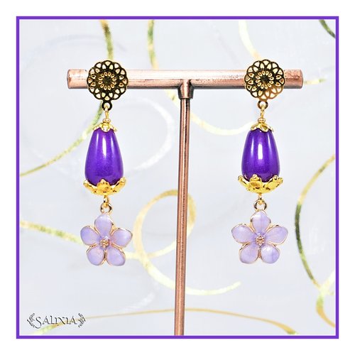 Boucles d'oreilles fleurs lilas poudré nacré gouttes jade violet puces ou crochets acier inoxydable doré au choix (#bo563)