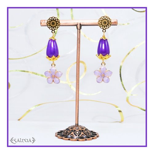 Boucles d'oreilles fleurs lilas poudré nacré gouttes jade violet puces ou crochets acier inoxydable doré au choix (#bo563)