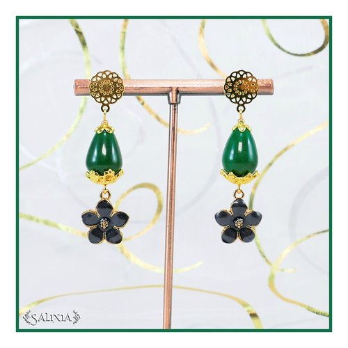 Boucles d'oreilles fleurs émaillées noires nacré gouttes de jade vertes puces dentelle ou crochets acier inoxydable doré (#bo564)