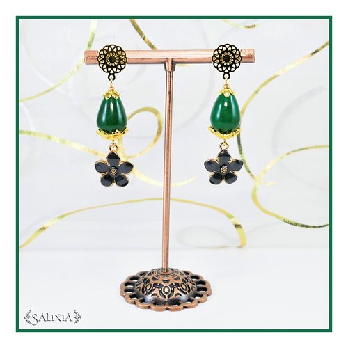 Boucles d'oreilles fleurs émaillées noires nacré gouttes de jade vertes puces dentelle ou crochets acier inoxydable doré (#bo564)
