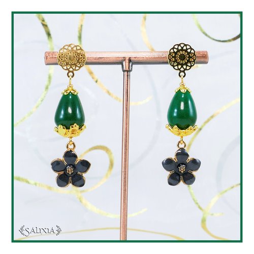 Boucles d'oreilles fleurs émaillées noires nacré gouttes de jade vertes puces dentelle ou crochets acier inoxydable doré (#bo564)