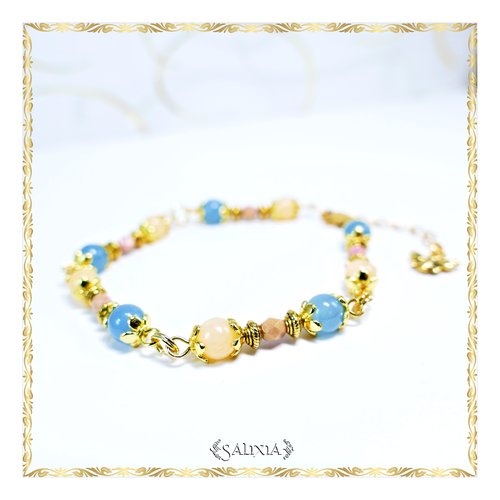 Bracelet "nina" pierres fines naturelles jade topaze quartz bleu acier inoxydable doré (#bc189 p178)