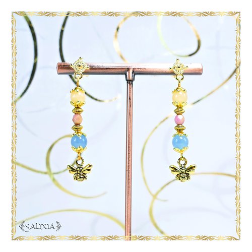 Boucles d'oreilles "nina" jade topaze et quartz bleu puces dorées à l'or fin ou crochets au choix (#bo568 p178)