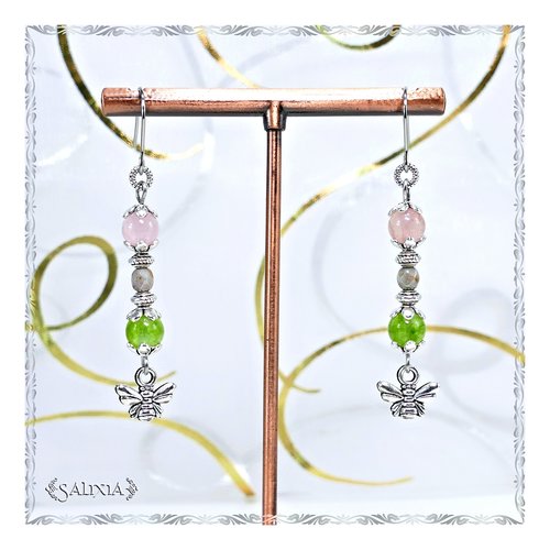 Boucles d'oreilles "nina" pierres fines naturelles de péridot et de quartz rose crochets en acier inoxydable (#bo569 p179)