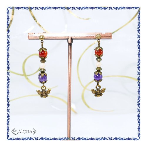 Boucles d'oreilles "nina" pierres fines naturelles d'améthyste et de cornaline (#bo570 p180)