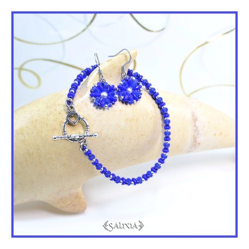 Bracelet "mila" silver saphir perles de bohème fermoir toggle coeur ou mousqueton acier inoxydable (#bc197 p184)