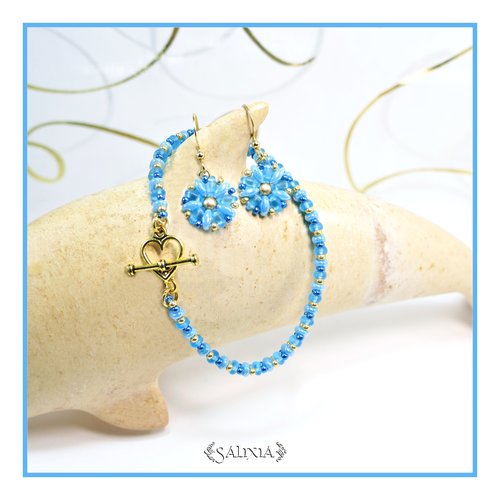 Bracelet "mila" gold turquoise perles de bohème fermoir toggle coeur doré ou mousqueton acier inoxydable doré (#bc198 p185)