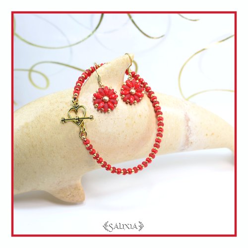 Bracelet "mila" gold ruby perles de bohème fermoir toggle coeur doré ou mousqueton acier inoxydable doré (#bc199 p186)