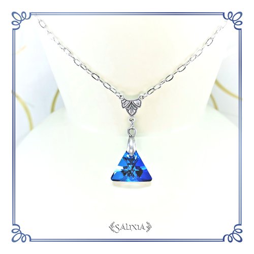 Collier pendentif cristal esprit triangle des bermudes bélière plaqué argent patiné antique chaine acier inoxydable (#c200)