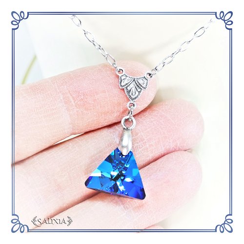 Collier pendentif cristal esprit triangle des bermudes bélière plaqué argent patiné antique chaine acier inoxydable (#c200)