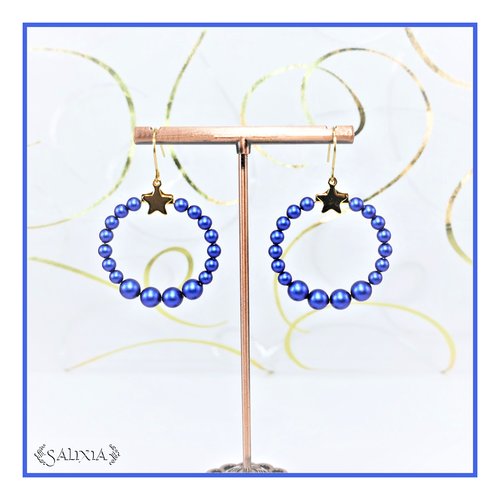 Boucles d'oreilles créoles dorées à l'or fin 24 carats cristal bleu nuit satiné acier inoxydable doré (#bo591)