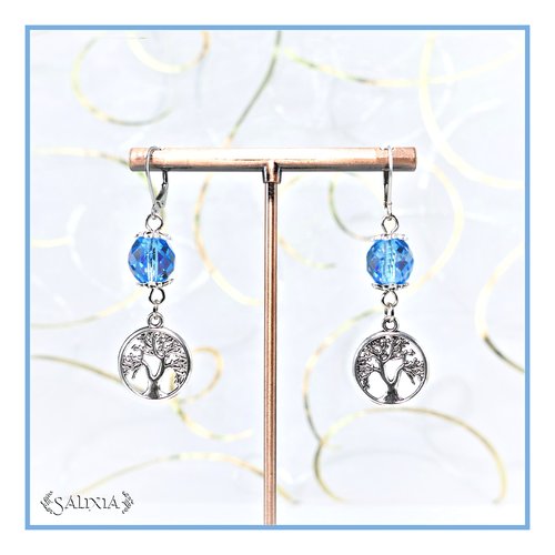 Boucles d'oreilles angela perles de bohéme polies au feu, breloques arbre de vie argentées dormeuses acier inoxydable (#bo587)