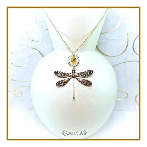 Pièce unique - collier libellule style art nouveau laiton haute qualité cristal ambré ou autre perle sur demande (#c203)