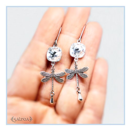 Pièce rare - boucles d'oreilles libellules laiton très haute qualité cristal bleu aigue-marine dormeuses ou crochets au choix (#bo608)