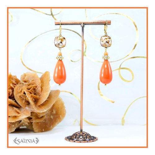 Boucles d'oreilles gouttes rose corail cabochons cristal rose pêche dormeuses ou crochets au choix (#bo603)