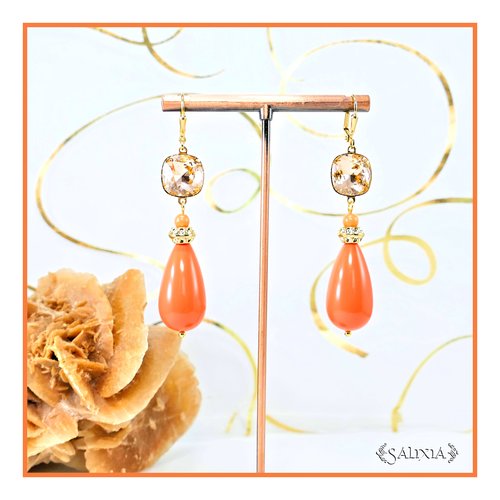 Boucles d'oreilles gouttes rose corail cabochons cristal rose pêche dormeuses ou crochets au choix (#bo603)