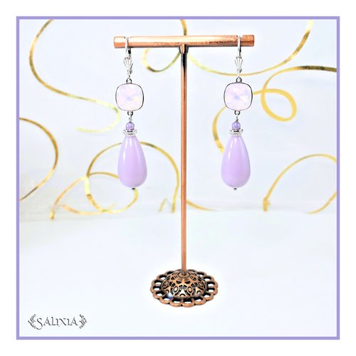 Boucles d'oreilles gouttes lavande pastel cabochons cristal rose opale dormeuses ou crochets au choix (#bo604)