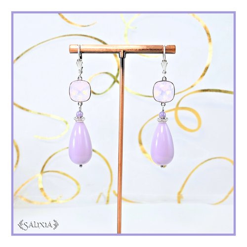 Boucles d'oreilles gouttes lavande pastel cabochons cristal rose opale dormeuses ou crochets au choix (#bo604)