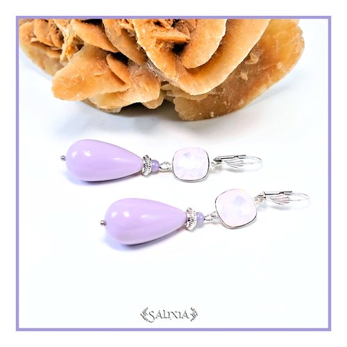 Boucles d'oreilles gouttes lavande pastel cabochons cristal rose opale dormeuses ou crochets au choix (#bo604)