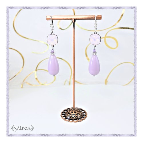 Boucles d'oreilles gouttes lavande pastel cabochons cristal rose opale dormeuses ou crochets au choix (#bo604)