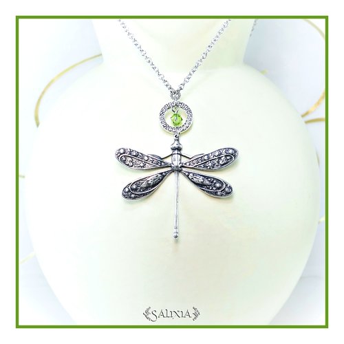 Pièce unique - collier libellule style art nouveau laiton haute qualité et son cristal vert (#c223)