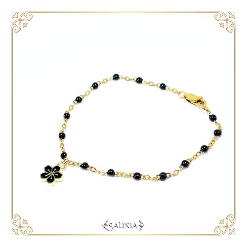 Bracelet isis fleur sakura noire chaine et mousqueton acier inoxydable doré (#bc203)