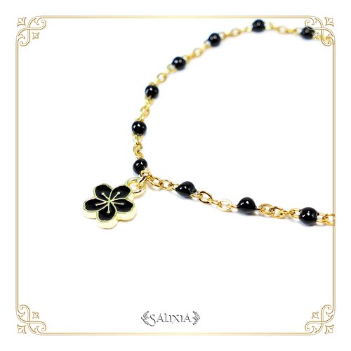 Bracelet isis fleur sakura noire chaine et mousqueton acier inoxydable doré (#bc203)