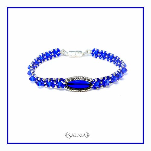 Bracelet cristal et perles de bohème bleu royal perles de rocailles miyuki fermoir magnétique option chainette sécurité (#bc204)