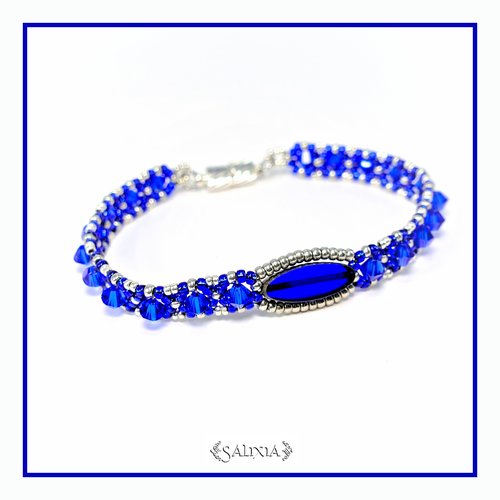 Bracelet cristal et perles de bohème bleu royal perles de rocailles miyuki fermoir magnétique option chainette sécurité (#bc204)