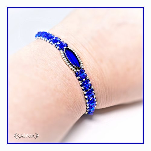 Bracelet cristal et perles de bohème bleu royal perles de rocailles miyuki fermoir magnétique option chainette sécurité (#bc204)