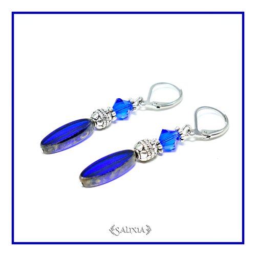 Boucles d'oreilles cristal et perles de bohème bleu royal dormeuses ou crochets acier inoxydable (#bo609)