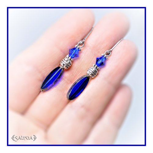 Boucles d'oreilles cristal et perles de bohème bleu royal dormeuses ou crochets acier inoxydable (#bo609)