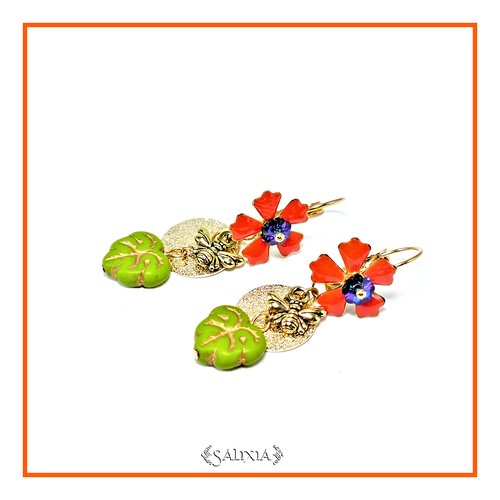 Boucles d'oreilles florales cristal petites abeilles dorées feuilles en verre de bohème dormeuses dorées à l'or fin (#bo610)