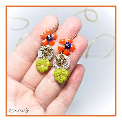 Boucles d'oreilles florales cristal petites abeilles dorées feuilles en verre de bohème dormeuses dorées à l'or fin (#bo610)