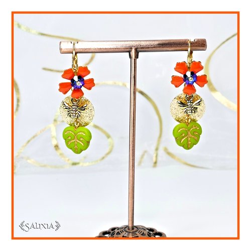Boucles d'oreilles florales cristal petites abeilles dorées feuilles en verre de bohème dormeuses dorées à l'or fin (#bo610)