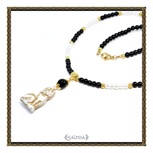 Pièce unique - collier chat égyptien bastet patiné antique fermoir en acier inoxydable doré (#c220)