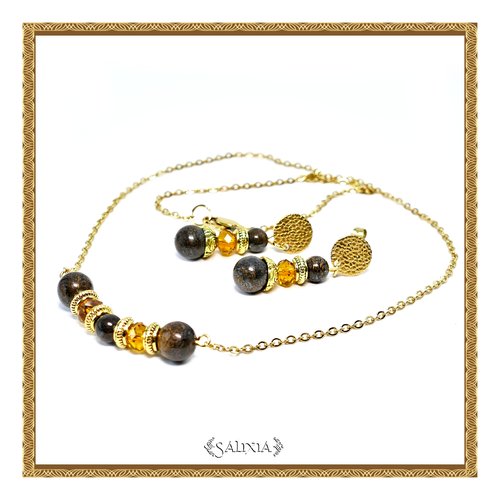 Collier pierres fines bronzite cristal ambré chaine et mousqueton acier inoxydable doré (#c222)