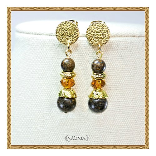 Boucles d'oreilles cristal ambré pierres fines bronzite puces ou crochets acier inoxydable doré au choix (#bo618)
