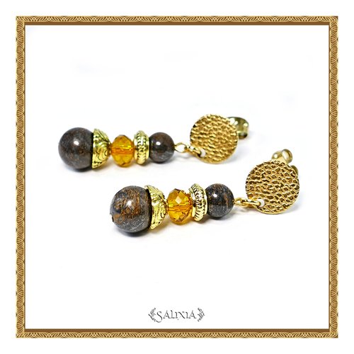 Boucles d'oreilles cristal ambré pierres fines bronzite puces ou crochets acier inoxydable doré au choix (#bo618)