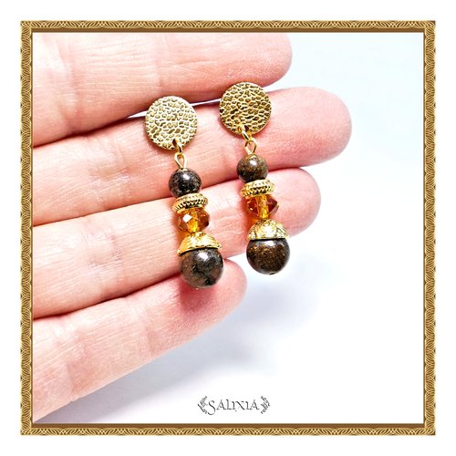 Boucles d'oreilles cristal ambré pierres fines bronzite puces ou crochets acier inoxydable doré au choix (#bo618)