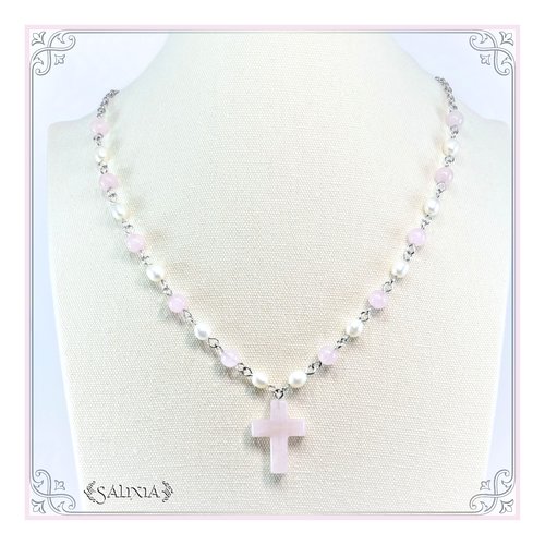 Collier pierres fines quartz rose perles de culture d'eau douce ivoire chaine et mousqueton acier inoxydable (#c217)