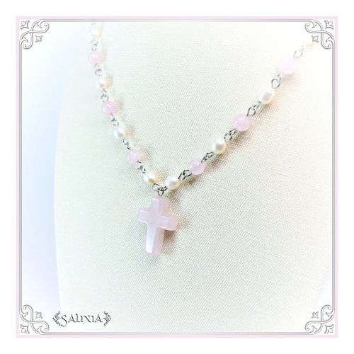 Collier pierres fines quartz rose perles de culture d'eau douce ivoire chaine et mousqueton acier inoxydable (#c217)