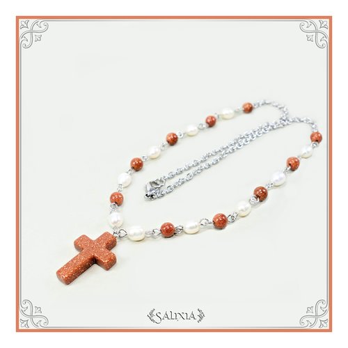 Collier pierres goldstone scintillantes perles de culture d'eau douce ivoire chaine et mousqueton acier inoxydable (#c218)