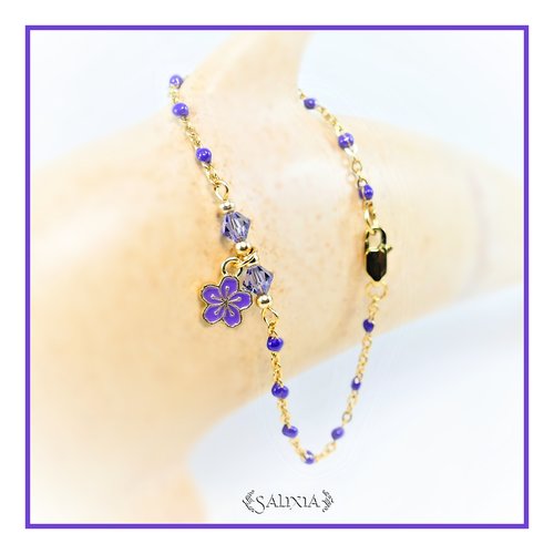 Bracelet fleur "sakura" améthyste cristal chaine et mousqueton acier inoxydable doré (#bc207)