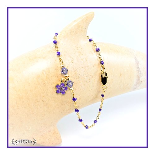 Bracelet fleur "sakura" améthyste cristal chaine et mousqueton acier inoxydable doré (#bc207)