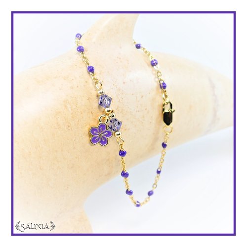 Bracelet fleur "sakura" améthyste cristal chaine et mousqueton acier inoxydable doré (#bc207)
