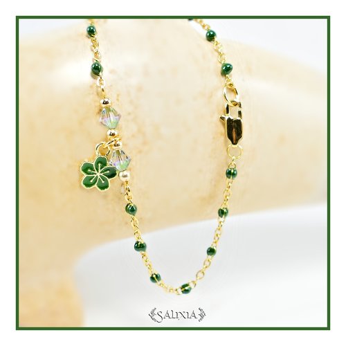 Bracelet fleur "sakura" émeraude cristal chaine et mousqueton acier inoxydable doré (#bc208)